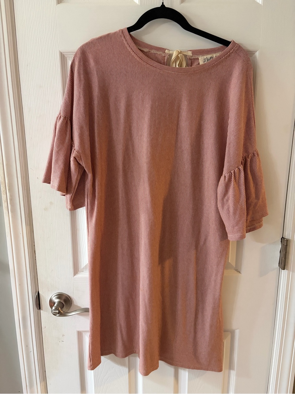 Ruffled Sleeve Women's Dress in Dusty Red Striped